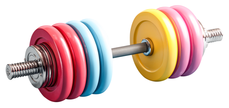 Colorful dumbbell adjustable weight fitness equipment gym training chrome handle rubber plate pastel color home workout strength exercise healthy lifestyle motivation energizing gear, isolated