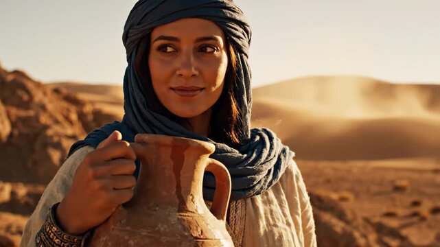 Samaritan Woman with Jar in Desert - A woman dressed in modest, ancient clothing holds a clay jar in a desert landscape.
