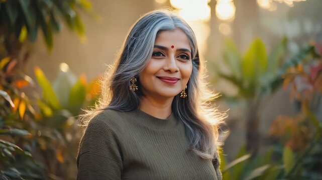 Modern Hindu Old Woman with Gray Hair in Natural Outdoor Light