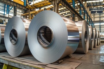 Industrial warehouse interior stacked with large rolls of aluminum foil and stainless steel sheets, raw materials for manufacturing and construction supply.