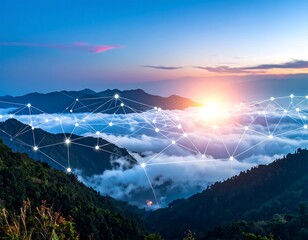 Sunrise over mountains with digital network overlay