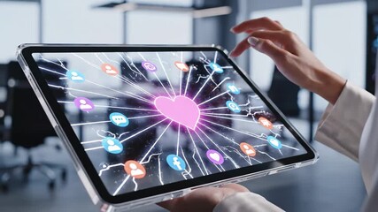 Tapping Heart on Digital Tablet - Social Network Concept - Woman's hand interacts with a glowing heart icon on a transparent tablet, connecting to various social media and user icons in a network. - Powered by Adobe