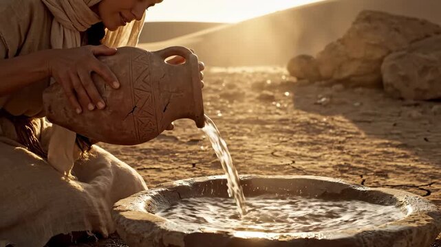 Woman Pouring Water in Desert - A woman in a Middle Eastern desert scene pours water from an ancient clay pot into a basin. The scene depicts a dry, arid landscape with spiritual symbolism.