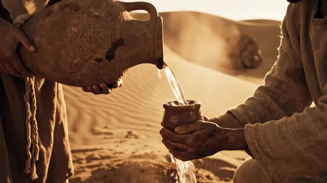 Ancient Water Offering in the Desert - A woman pours water from an ornate clay pot into cupped hands in a desert landscape.