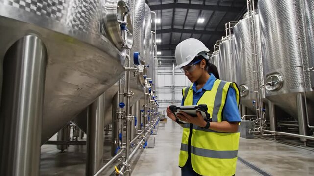 Industrial Brewery Inspection - A worker in safety gear observes large stainless steel tanks inside an industrial brewery. She is using a tablet, likely for inspection or data collection purposes.