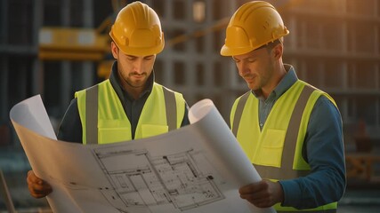 Two construction engineers in safety vests and hard hats discussing blueprints at sunset on building site. - Powered by Adobe