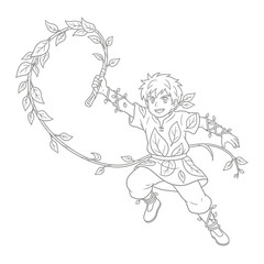 Obraz premium Energetic Boy Jumping High While Wielding a Natural Vine Staff Outline Drawing