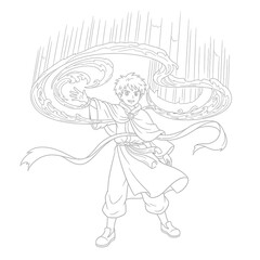Young Boy Wielding Large Water Wheels Amidst Heavy Rain Illustration