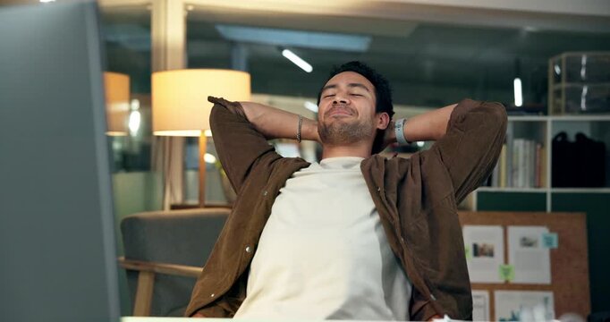 Computer, man and relax with stretching in office for productive night, finished article or relief. Happy journalist, tech and done with submission at publishing agency for rest and complete deadline