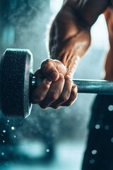 Strong hand lifting dumbbell in a vibrant gym atmosphere for strength training