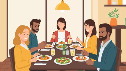 A charming flat design illustration portraying a diverse group of friends enjoying a leisurely and social lunch at a modern restaurant. 