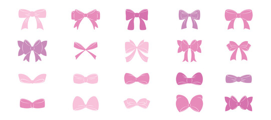 Hand drawn coquette pink girly bows set. Aesthetic elegant cute decor. Element for Valentine day and wedding invitations, Christmas cards, poster, Feminine accessories, y2k bowknot isolated background