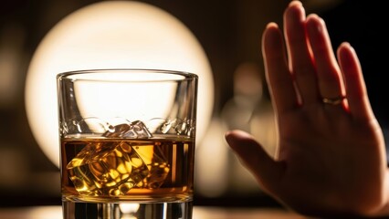 Woman refusing an alcoholic drink. Concept of sobriety, addiction recovery, and healthy lifestyle choice. Quitting alcohol.