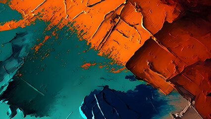 Vibrant abstract expressionist painting featuring bold impasto strokes of fiery orange deep teal and rich navy blue creating dynamic texture and energetic movement