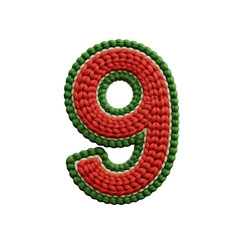 Fototapeta premium Knitted number nine with red and green yarn, handmade textile art with cozy and warm feeling, isolated on transparency background