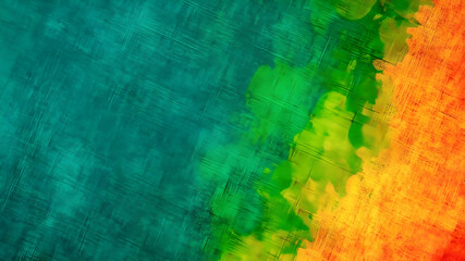 Vibrant abstract watercolor texture with a gradient of deep teal transitioning through lush greens to warm oranges and reds evoking natural elements