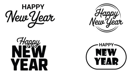 Minimalist happy new year typography set featuring modern black lettering badges, festive greeting text designs, stylish celebration message templates for holiday cards and banners