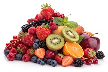 A colorful heap of fresh fruits and plump berries on a bright white background, highlighting rich textures perfect for wellness and nutrition themes.