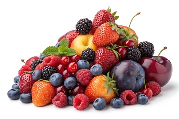 A colorful heap of fresh fruits and plump berries on a bright white background, highlighting rich textures perfect for wellness and nutrition themes.