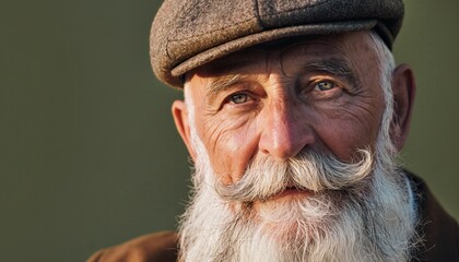 Close-up portrait of a senior man with a long white beard and stylish cap