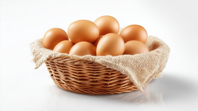 Fresh brown eggs resting in a wicker basket on white