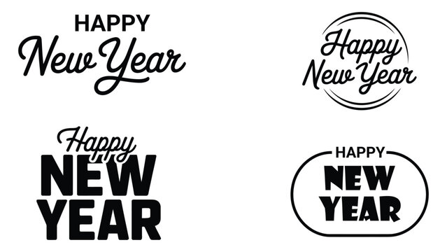 Minimalist happy new year typography set featuring modern black lettering badges, festive greeting text designs, stylish celebration message templates for holiday cards and banners