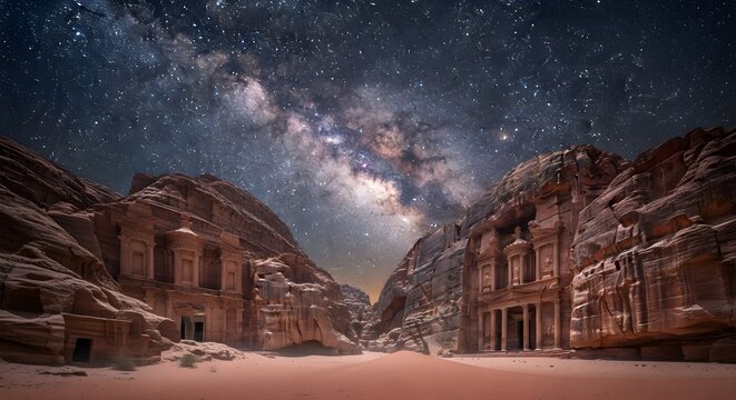 Stunning Milky Way over the Ad-Deir "Monastery" in Ancient Petra, Jordan
