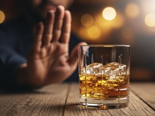 Man rejecting an alcoholic drink. Concept of sobriety, addiction prevention, and healthy lifestyle choice. Quitting alcohol for health.