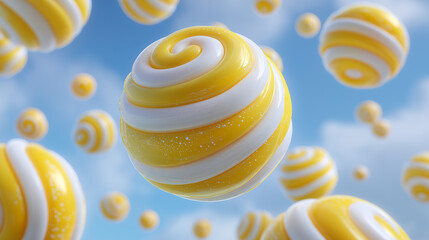 Yellow and white swirled candy spheres in sky. Suitable for candy or sweet themed designs, backgrounds, or festive concepts. Bright, colorful, whimsical.
