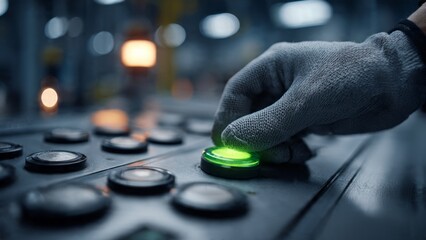  Close-up of an engineer’s hand in protective gray gloves pressing a glowing green start button on a heavy industrial control panel, futuristic factory interior blurred in the background.