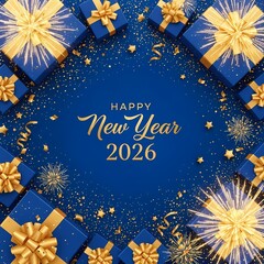 Fototapeta premium Happy New Year, 2026, fireworks, celebration, blue and gold, gifts, festive, winter, confetti, party