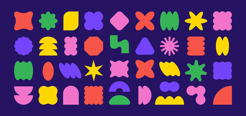 Y2k Badge Shape Kit. Abstract Geometric Figure Labels on Dark Bg. Retro pop art badge collection featuring triangles, bursts, and floral elements. Flat vector labels ideal for logos, packaging.