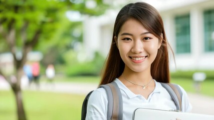 A young woman is smiling and holding a laptop and a backpack - Powered by Adobe