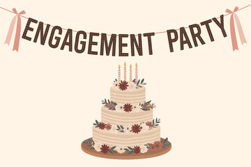 Elegant engagement party cake illustration with banner for invitations and decorations, celebrate love with this cheerful design for joyful announcements