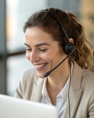 Engaging video call with female executive modern office professional interaction bright lighting authentic expression