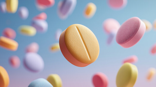 Many colorful pills or tablets floating in the air, perfect for medical or pharmaceutical concepts. Healthcare, pharmaceutical, medicine, medication, treatment.