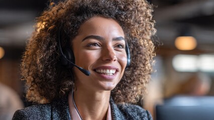 Female executive engaged in video call at modern workplace with natural lighting and authentic smile