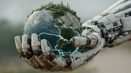 Minimal futuristic AI hand holding digital earth technology intelligence concept modern design generated AI