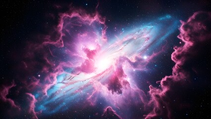 A dramatic burst of pink and blue cosmic energy resembling a supernova, surrounded by glowing nebula clouds in a vast star-filled universe. A vivid astronomical and sci-fi concept art.