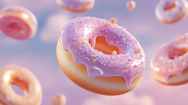 Many pink donuts in pastel sky perfect for dessert blogs, bakery advertisements, sweet treat backgrounds, or girly social media posts.