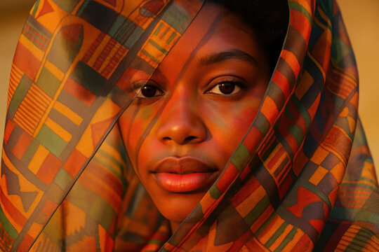 Vibrant portrait of a woman wrapped in colorful patterned fabric. Black history month