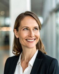 Confident businesswoman smiling in modern office professional portrait soft natural light inspirational environment