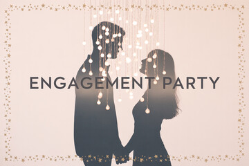 Elegant engagement party invitation design template perfect for modern celebrations and romantic announcements, featuring stylish couple silhouette and twinkling lights