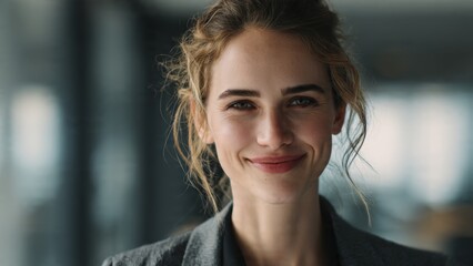 Confident businesswoman smiling in modern office soft natural light closeup portrait professional environment