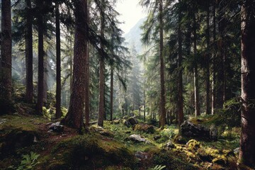 Naklejka premium Pine forest panorama over a tranquil valley, gentle morning light and alpine peaks