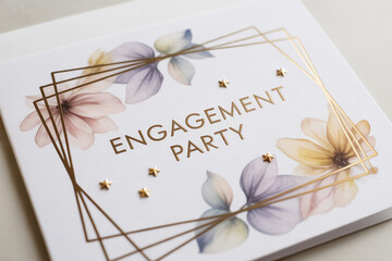 Elegant engagement party invitation with gold foil lettering and delicate floral design, perfect for wedding stationery and celebration announcements