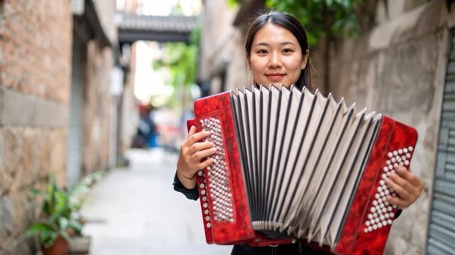 Woman playing accordion outdoors portrait musical instrument performance