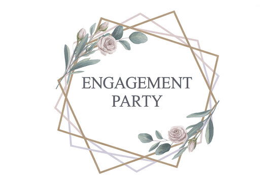 Elegant engagement party invitation design with roses and geometric frame for modern celebrations and romantic wedding themes with customizable text space