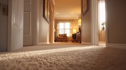 Plush carpeted corridor in a modern home with natural daylight and calm neutral tones
