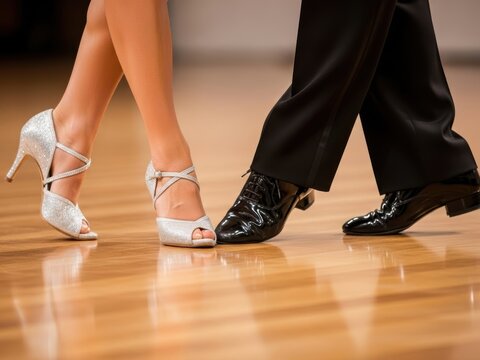 Legs of a woman wearing silver high heels and a man in black dress shoes moving on a wooden dance floor. Ballroom dancing concept.